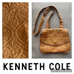 Vintage Embossed Soft Tooled Leather Crossbody by Kenneth Cole. Rich, Tan Color.